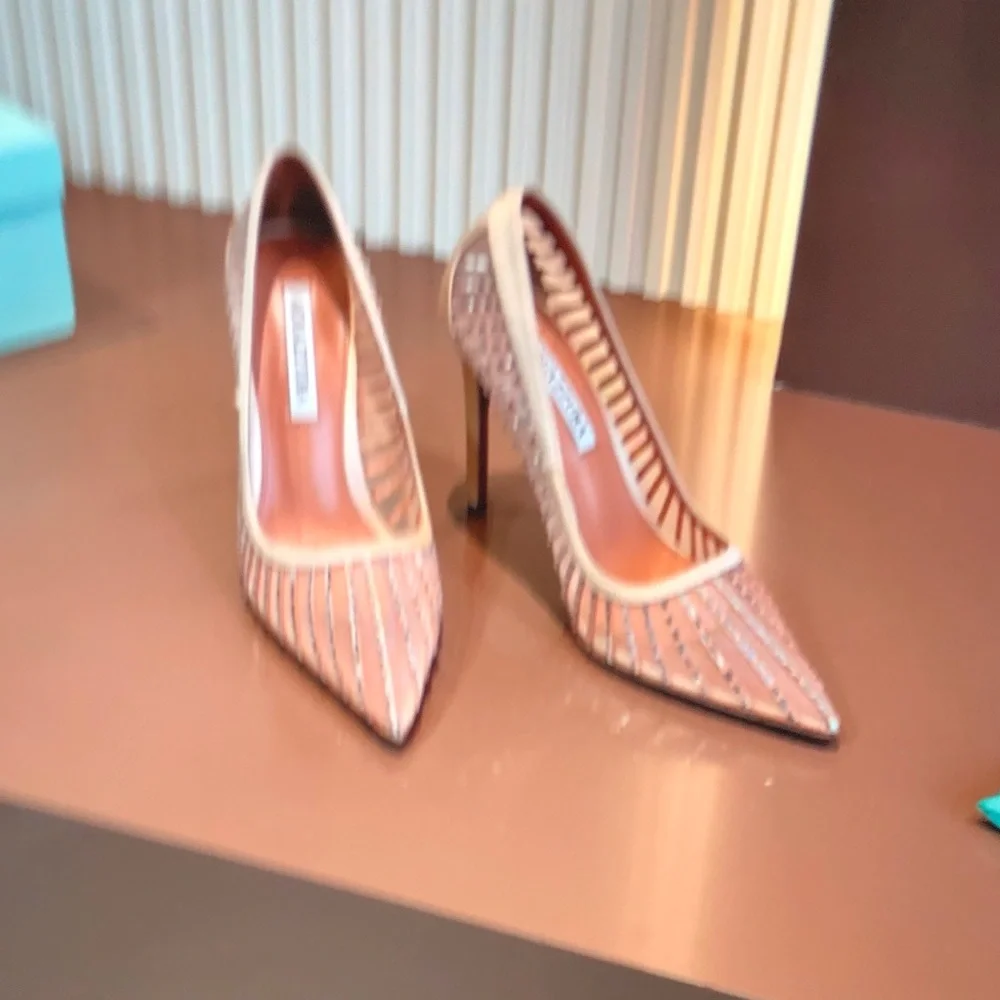Aquazzura Blush Pink Crystal-Striped Pointed Stiletto Pumps